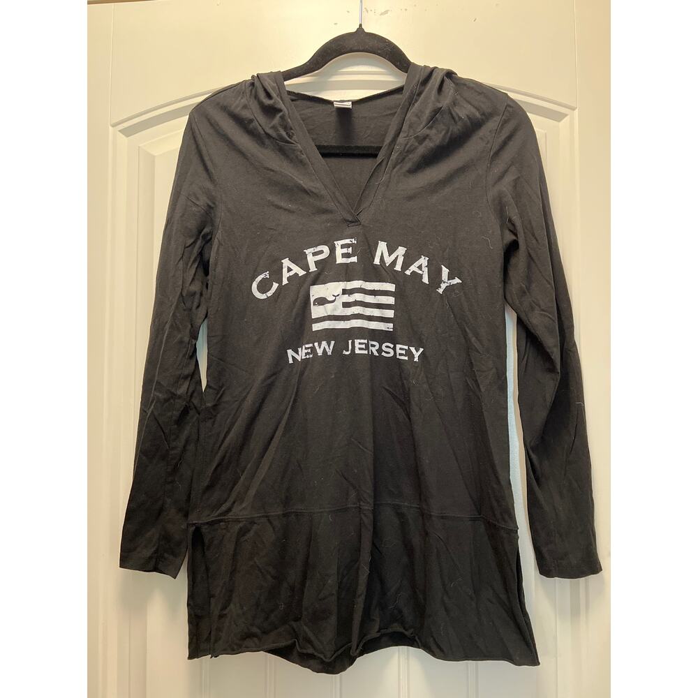 Cape May New Jersey Women’s V Neck Long Sleeve Pullover Hoodie Top Size‎ S Black